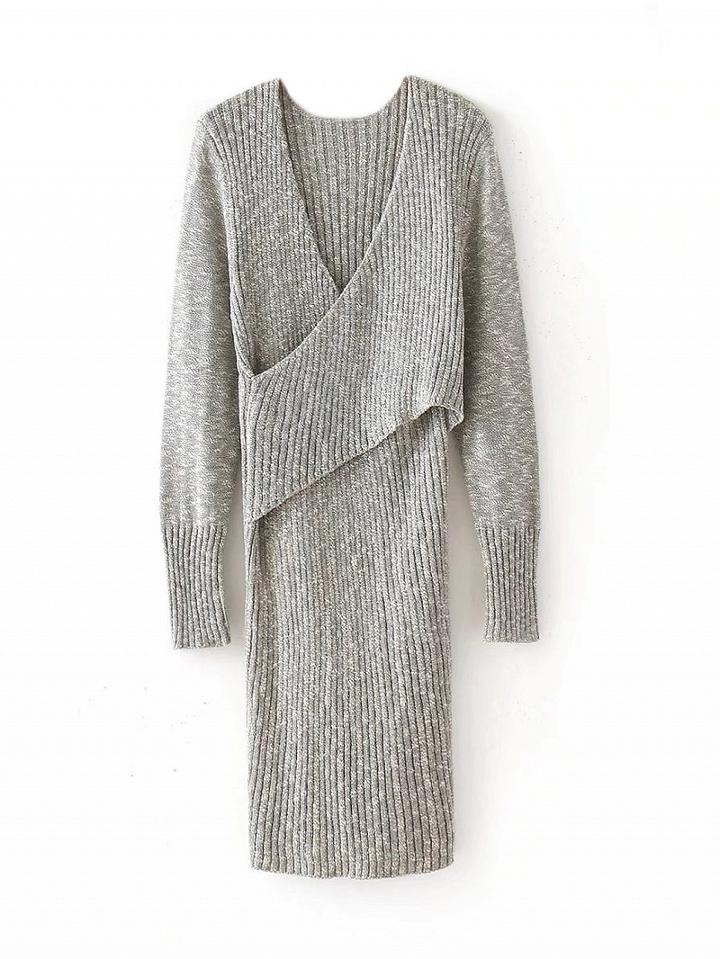 Choies Gray V-neck Cross Front Long Sleeve Knit Dress