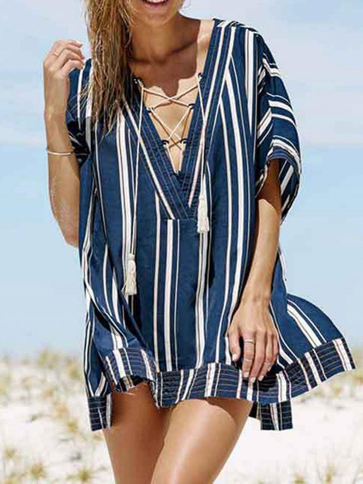 Choies Navy Green Stripe Plunge Lace Up Front Chic Women Beach Cover Up