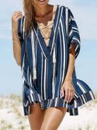 Choies Navy Green Stripe Plunge Lace Up Front Chic Women Beach Cover Up