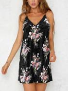 Choies Black Velvet V-neck Print Floral Detail Cami Mini Dress