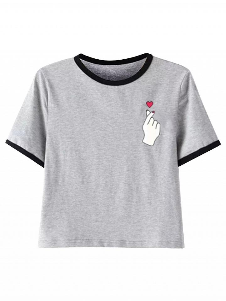 Choies Gray Hand Print Short Sleeve Cropped T-shirt