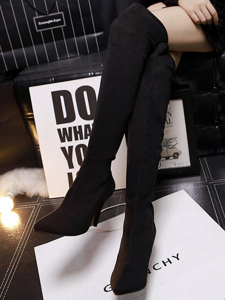Choies Black Stretch Suedette Pointed Heeled Over The Knee Boots