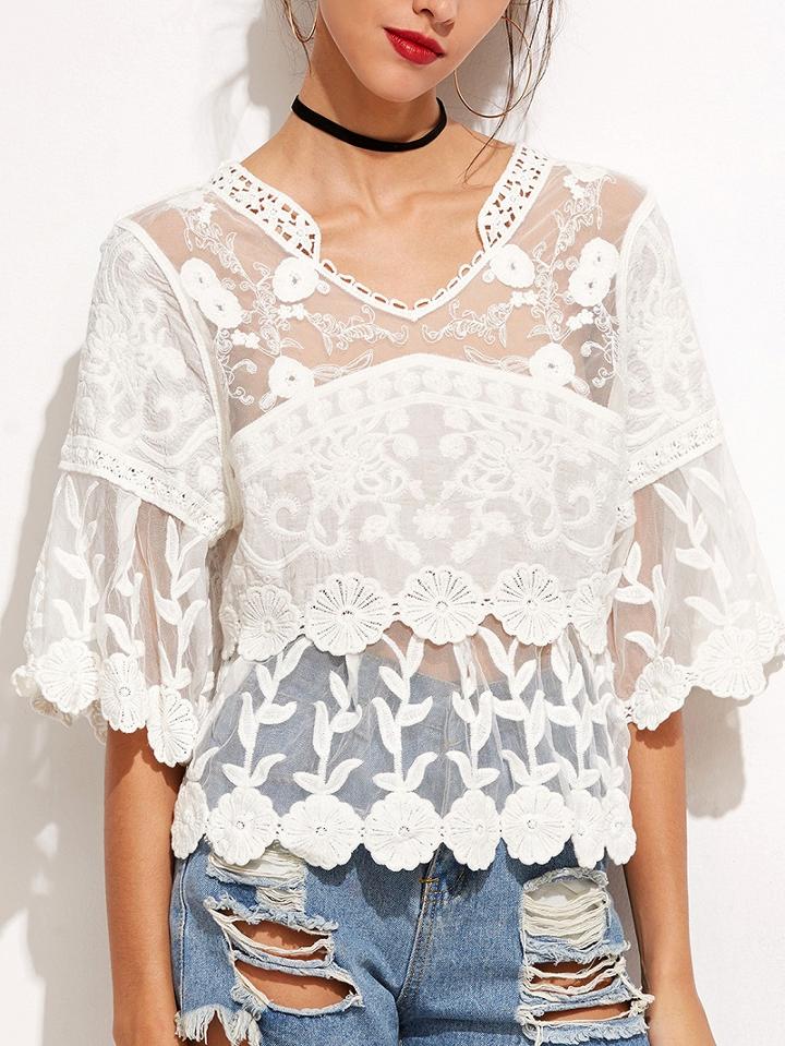 Choies White V Neck Crochet Lace Embroidery Mesh Top