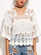 Choies White V Neck Crochet Lace Embroidery Mesh Top