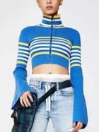Choies Light Blue Stripe High Neck Zip Front Flare Sleeve Knit Crop Top