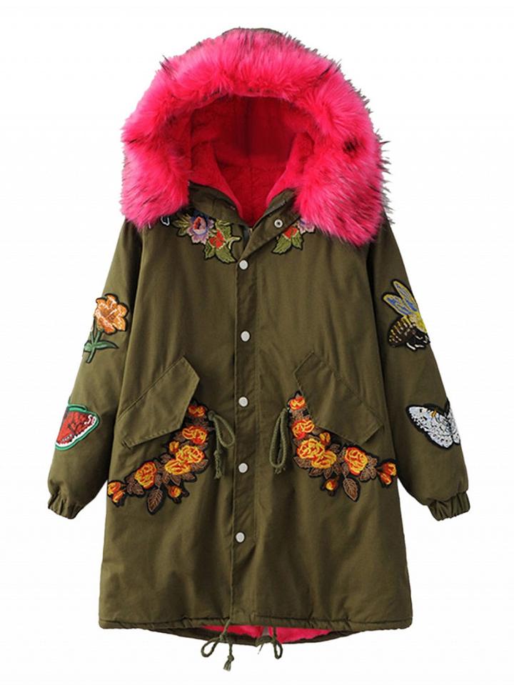 Choies Army Green Embroidered Fleece Lining Faux Fur Hooded Parka