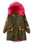 Choies Army Green Embroidered Fleece Lining Faux Fur Hooded Parka