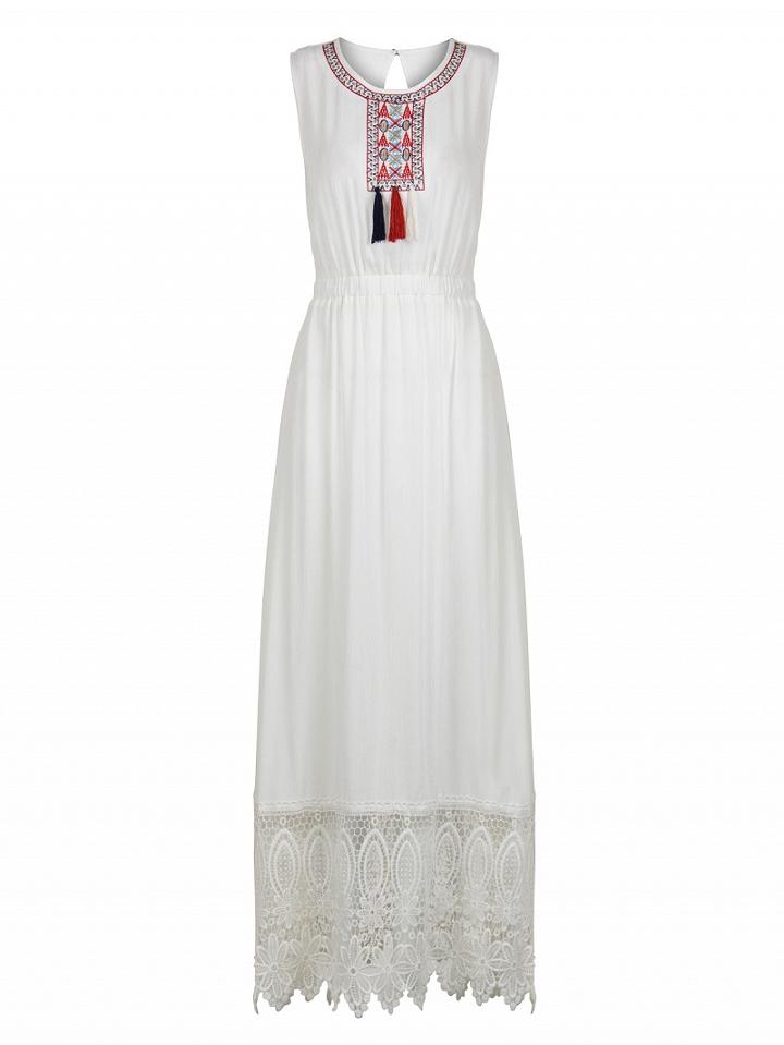 Choies White Embroidered Detail Keyhole Back Lace Panel Maxi Dress