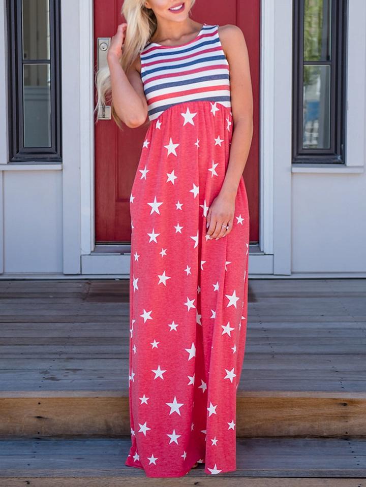 Choies Red Star Print Stripe Panel Sleeveless Chic Women Maxi Dress