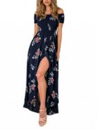 Choies Navy Off Shoulder Floral Short Sleeve Split Front Maxi Dress
