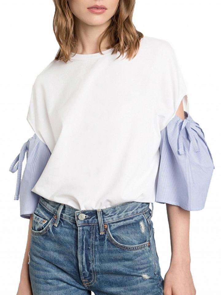 Choies White Cut Out Tie Detail Contrast Sleeve Blouse
