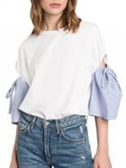 Choies White Cut Out Tie Detail Contrast Sleeve Blouse