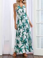 Choies Green V-neck Leaf Print Thigh Split Side Cami Maxi Dress