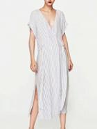 Choies White Stripe V-neck Tie Waist Side Split Midi Dress
