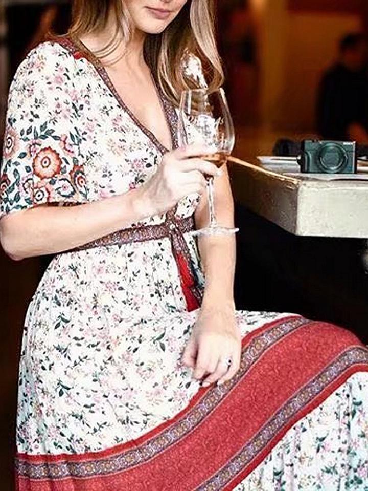 Choies Pink V-neck Floral Print Button Placket Front Maxi Dress
