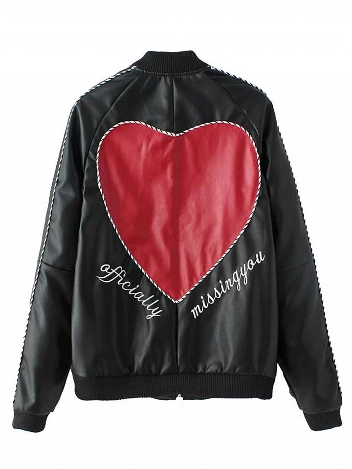 Choies Black Embroidery Letter And Heart Pattern Back Pu Jacket