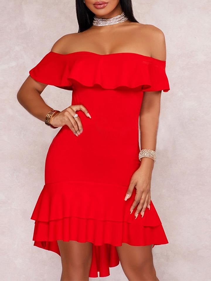 Choies Red Off Shoulder Ruffle Trim Bodycon Hi-lo Dress