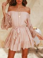 Choies Pink Cotton Off Shoulder Tie Waist Flare Sleeve Chic Women Mini Dress