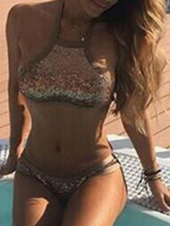 Choies Gold Halter Sequin Detail Bikini Top And Bottom
