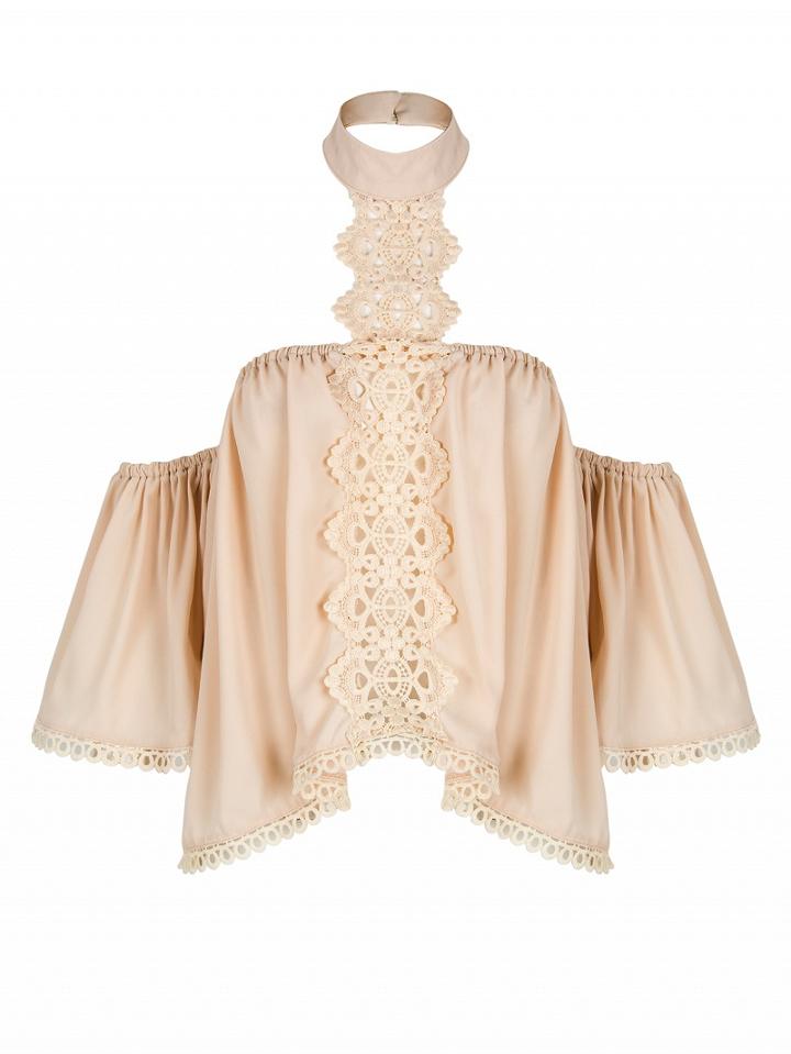 Choies Apricot Halter Off Shoulder Cut Out Crochet Detail Crop Top