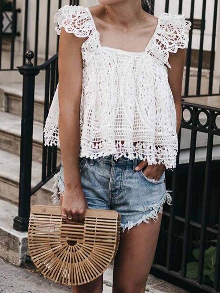 Choies White Ruffle Trim Sleeveless Chic Women Lace Blouse