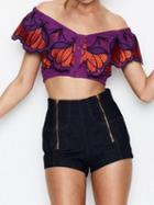 Choies Purple Embroidery Fold Bardot Button Front Crop Top