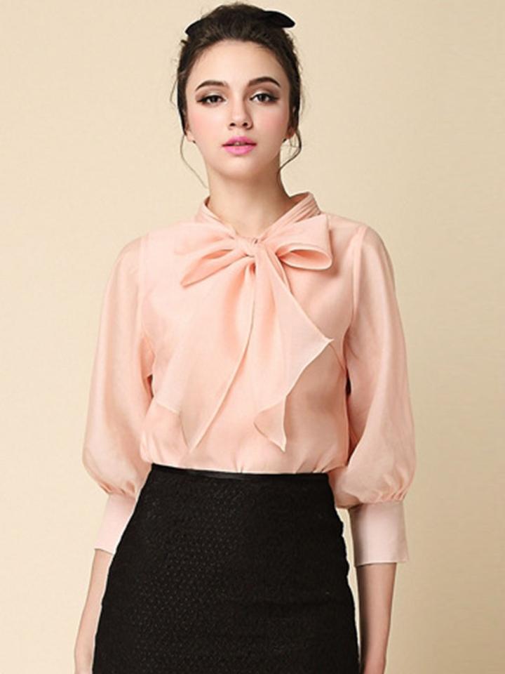 Choies Pink Bow Front 3/4 Sleeve Organza Shirt