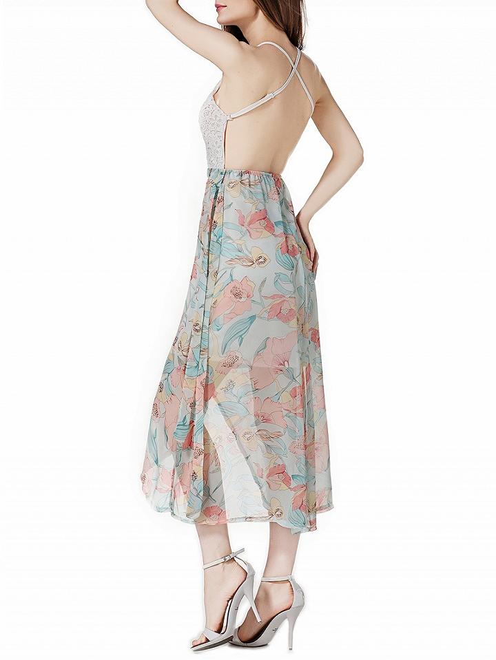 Choies Polychrome Floral Print Wrap Lace Top 2 In 1 Midi Dress