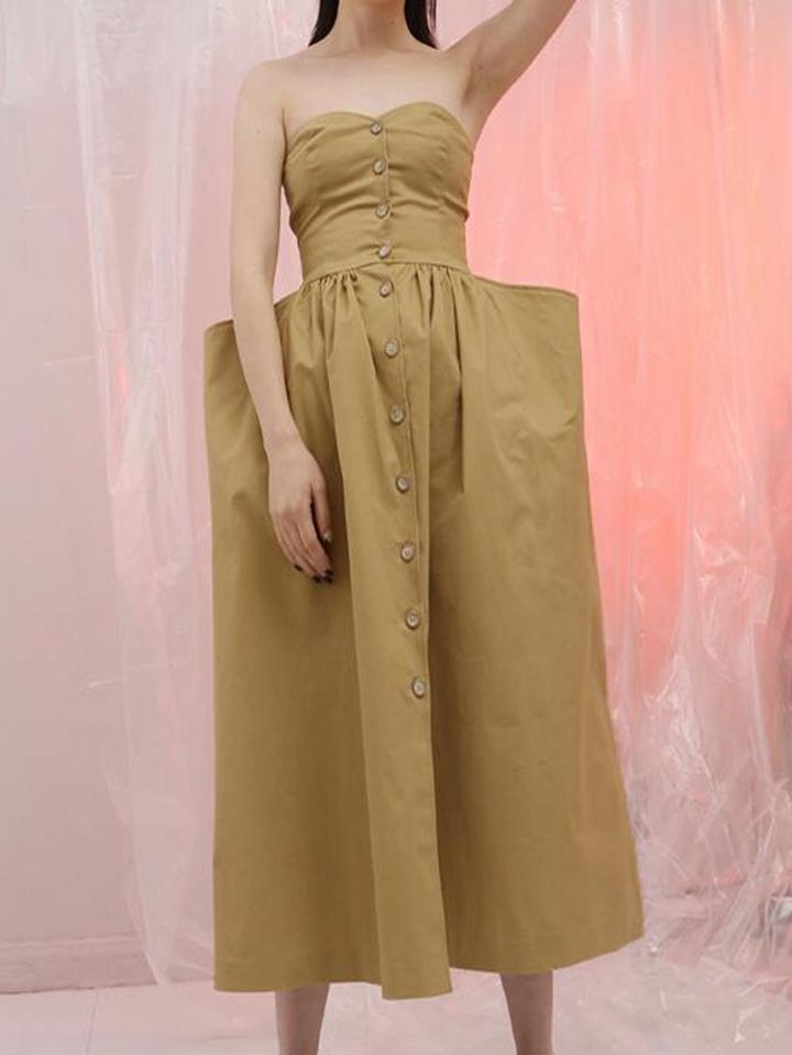 Choies Khaki Cotton Bandeau Button Placket Front Chic Women Midi Dress