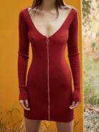 Choies Burgundy Cotton V-neck Long Sleeve Bodycon Mini Dress