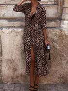 Choies Yellow Leopard Print Tie Waist Long Sleeve Women Maxi Dress