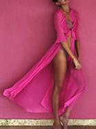 Choies Hot Pink Plunge Thigh Split Front Ruffle Trim Chic Women Maxi Dress