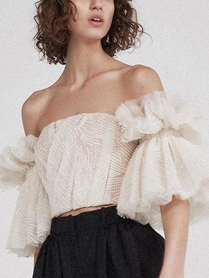 Choies Beige Off Shoulder Open Back Flare Sleeve Chic Women Mesh Crop Blouse