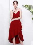 Choies Burgundy V-neck Spaghetti Strap Cut Out Ruffle Hem Hi-lo Dress
