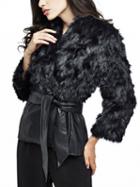 Choies Black Leather Panel Tie Waist Faux Fur Coat