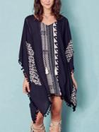 Choies Navy Blue V-neck Geo Pattern Print Tassel Trim Mini Dress