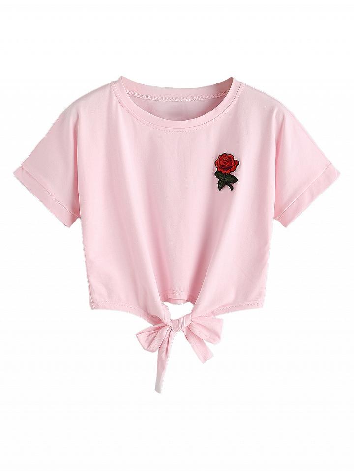Choies Pink Embroidery Rose Tie Front Short Sleeve T-shirt