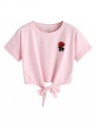 Choies Pink Embroidery Rose Tie Front Short Sleeve T-shirt