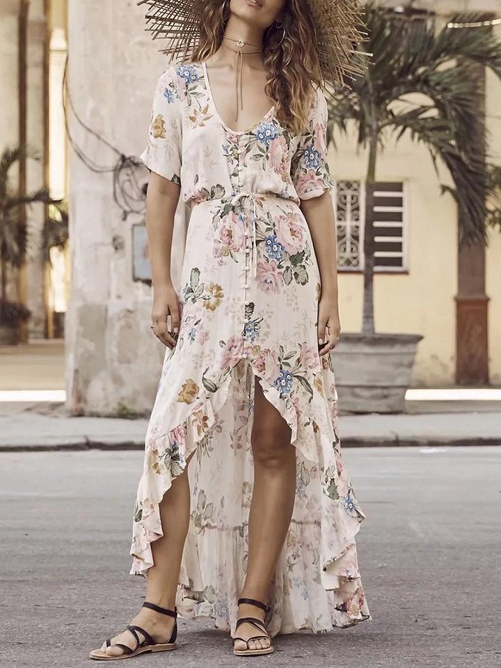Choies Polychrome V-neck Floral Tie Waist Ruffle Trim Dipped Hem Maxi Dress