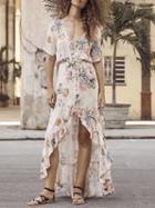 Choies Polychrome V-neck Floral Tie Waist Ruffle Trim Dipped Hem Maxi Dress