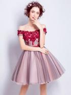 Choies Pink Off Shoulder Floral Applique Bow Wasit Skater Prom Dress