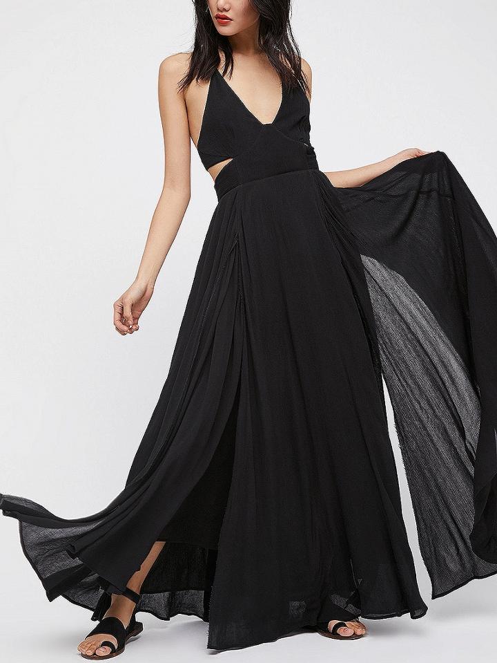 Choies Black Halter Thigh Split Open Back Maxi Dress