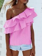 Choies Pink Striped One Shoulder Layered Ruffle Top