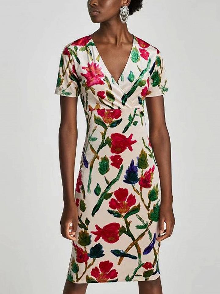 Choies Polychrome Velvet Floral V-neck Short Sleeve Bodycon Dress