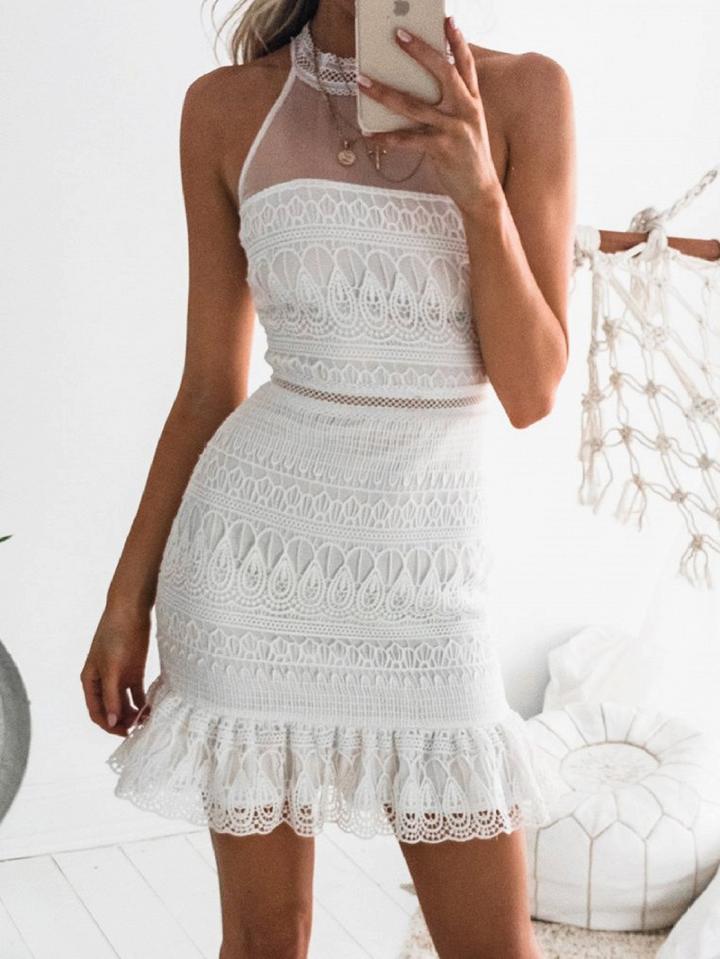 Choies White High Neck Ruffle Hem Sleeveless Chic Women Lace Mini Dress