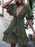 Choies Army Green Plunge Tie Front Ruffle Trim Chic Women Mini Dress