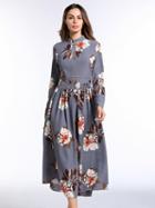 Choies Gray Print Floral Long Sleeve Midi Dress