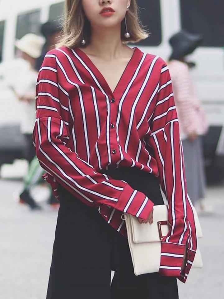 Choies Red Stripe V-neck Drop Shoulder Long Sleeve Shirt