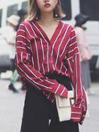 Choies Red Stripe V-neck Drop Shoulder Long Sleeve Shirt