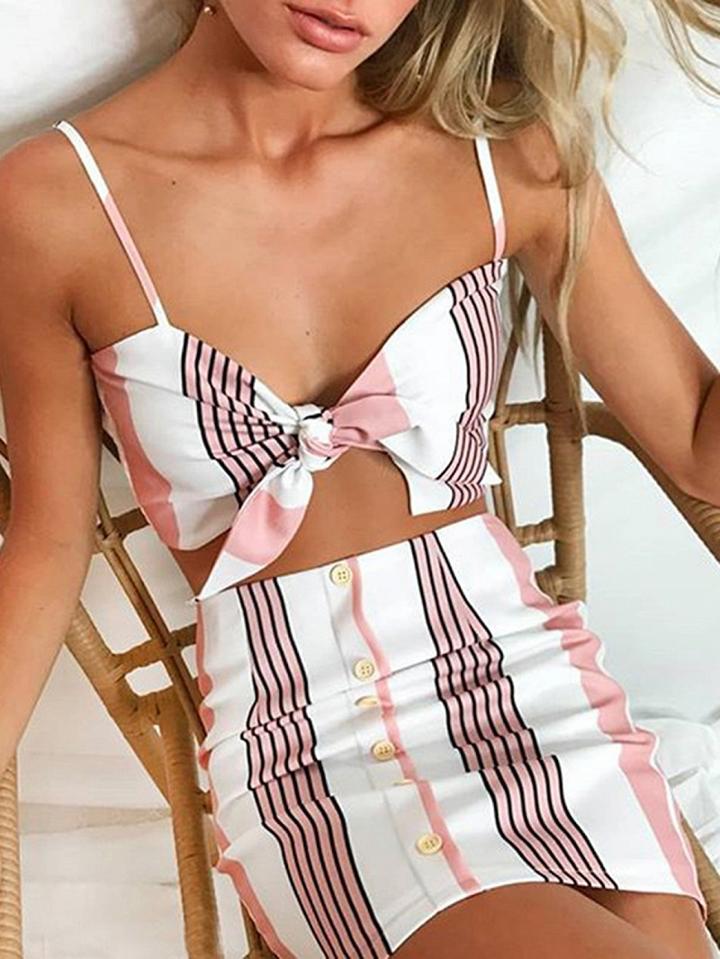 Choies Pink Stripe Tie Front Crop Cami Top And High Waist Skirt